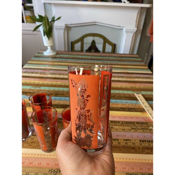 Thai Goddess Glass Mid Century Modern Retro Bar Set of 5 Asian MCM Red Some Wear - Picture 12 of 12